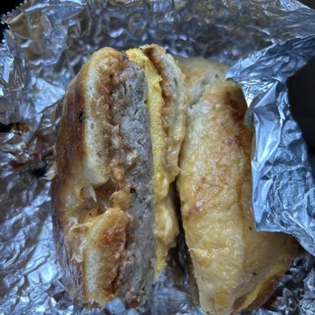 Moe's Broadway Bagel - Sausage egg and cheese on a toasted Asiago (toast before bread goes in to get melted and heated)    "Egg, Meat, and Cheese" - Bagels Near Me - Denver, Colorado