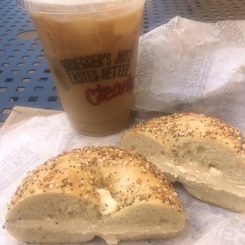 Bruegger's Bagels - Everything bagel toasted with Siracha honey cream cheese, iced coffee (I added sweetened creamer) - Bagels Near Me - Aliso Viejo, California Bruegger's Bagels - Everything bagel toasted with Siracha honey cream cheese, iced coffee (I added sweetened creamer) - Bagels Near Me - Aliso Viejo, California