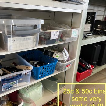 Recovered Treasures Thrift Store - 25c and 50c bins full of little treasures or useful objects. Items on shelf above are $1-4. - Thrift Stores Near Me - Raleigh, North Carolina Recovered Treasures Thrift Store - 25c and 50c bins full of little treasures or useful objects. Items on shelf above are $1-4. - Thrift Stores Near Me - Raleigh, North Carolina