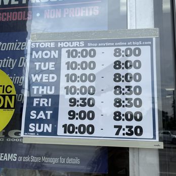 Big 5 Sporting Goods - Business hours - Sporting Goods Near Me - Pasadena, California