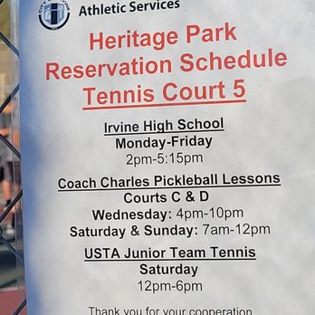 Heritage Community Park - Notice,all picklers! Coaching on Wednesdays 4-10pm. Occupies 2 of the 4 dedicated pickleball courts. Better play pball elsewhere Wed nights. - Community Centers Near Me - Irvine, California Heritage Community Park - Notice,all picklers! Coaching on Wednesdays 4-10pm. Occupies 2 of the 4 dedicated pickleball courts. Better play pball elsewhere Wed nights. - Community Centers Near Me - Irvine, California