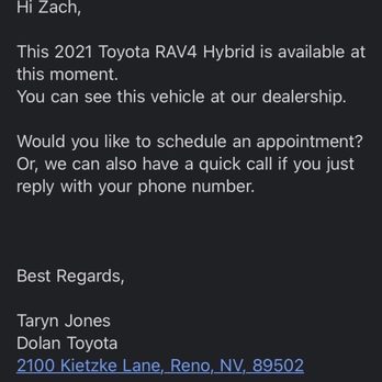 Dolan Toyota - Screen shot of response from Dolan saying that a vehicle was available, when in fact it was not. - Auto Repair Near Me - Reno, Nevada