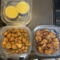 Cameron's Seafood - Butter with fried okra on the left and fried oyster on the right.
