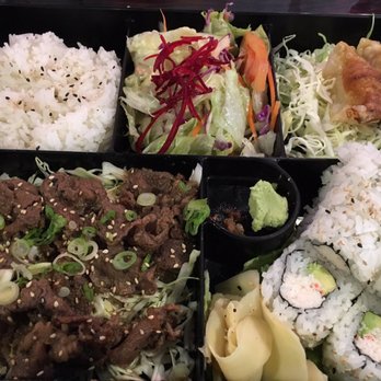 Sakebomb - 2 Item Bento Box ($17.95, California Roll + $1 Beef Bulgogi, Served w/Miso Soup, Salad, 2pc Gyoza)- 3.5/5 stars - Sushi Bars Near Me - Sunnyvale, California
