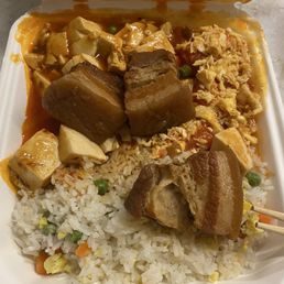 Pork Belly, Tofu, Tomato & Egg over Fried Rice Pork Belly, Tofu, Tomato & Egg over Fried Rice