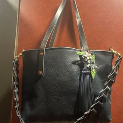 Go Forth Goods - Medium indigo Avery with 11 inch drop black handles, added d rings with a KMM strap attached