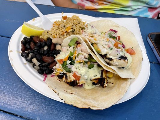 Photo of Native Cape Cod Seafood - Provincetown, MA, US. "Fish Tacos" (cilantro lime aioli, with rice and beans)