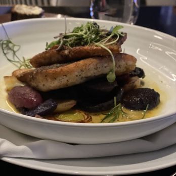 Spago - Crispy Skin Bronzino - with Saffron Yuzu broth, sea green, fingerling potato's - extremely well balanced and delicate - New American Near Me - Las Vegas, Nevada