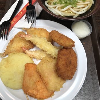 Mugimaru - Udon with Egg; Tempura Shrimp, Sweet Potato, and Onion; Aji Fry and Croquette - Japanese Near Me - Arlington Heights, Illinois Mugimaru - Udon with Egg; Tempura Shrimp, Sweet Potato, and Onion; Aji Fry and Croquette - Japanese Near Me - Arlington Heights, Illinois