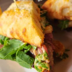 Liquid Library - Surf and Turf Sandwich - steak, shrimp, arugula, and chipotle mayo