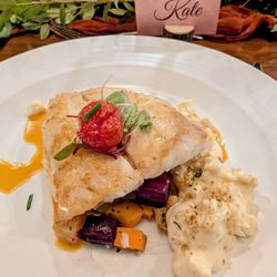 Enchanted Hills - Sea bass with root vegetables and cauliflower in mornay. I've literally never had better food at a wedding! ...and a very generous plate.
