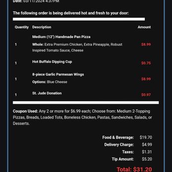 Domino's Pizza - The receipt with extra chicken in it. - Pizza Near Me - Randolph, Massachusetts