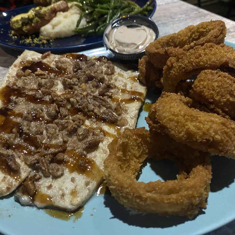 LakeHouse Restaurant - Trout with a bourbon pecan topping. And some delicious onion rings. - New American Near Me - Lake Lure, North Carolina LakeHouse Restaurant - Trout with a bourbon pecan topping. And some delicious onion rings. - New American Near Me - Lake Lure, North Carolina