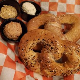 Pretzels with honey butter, herb cheese, and mustard