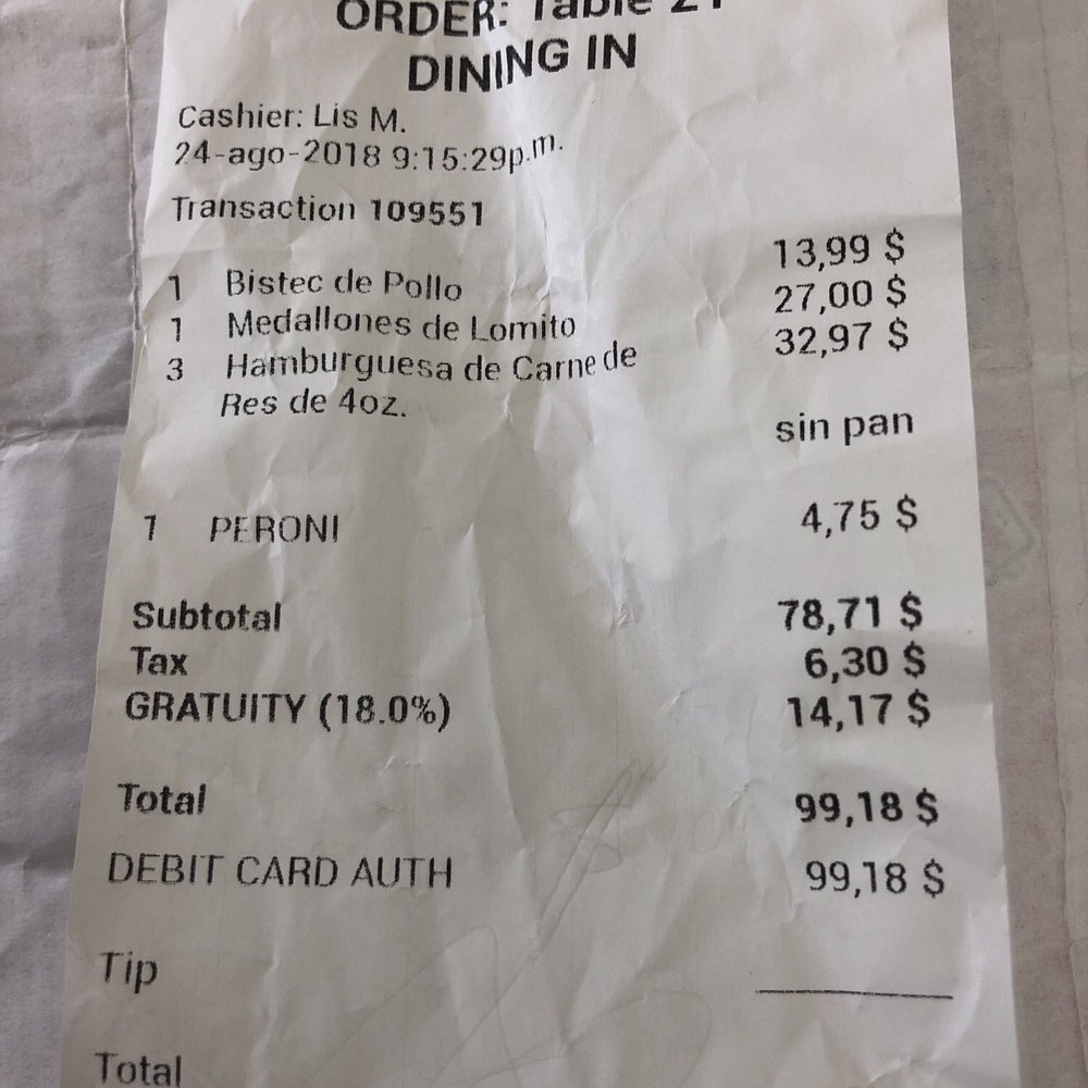 Parrillada Familiar Da Silva - Beware of this place ! Check out the bill, A tip of 18% is charged on the receipt and leave a space for "tip" scam! - Steakhouses Near Me - Doral, Florida Parrillada Familiar Da Silva - Beware of this place ! Check out the bill, A tip of 18% is charged on the receipt and leave a space for "tip" scam! - Steakhouses Near Me - Doral, Florida