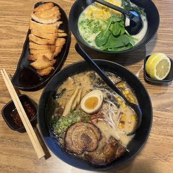Iwa Ramen & Grill - Black Garlic Ramen at the bottom of the pic, Chicken Katsu at top - Ramen Near Me - Rogers, Arkansas Iwa Ramen & Grill - Black Garlic Ramen at the bottom of the pic, Chicken Katsu at top - Ramen Near Me - Rogers, Arkansas