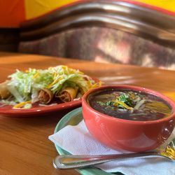 Black bean soup and taquitos