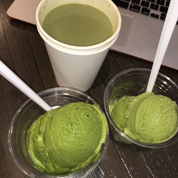 Meccha Matcha - Matcha ice cream level 3 (left) level 2 (right) and hot matcha with black sesame latte with almond milk ($0.50 extra). - Desserts Near Me - Artesia, California