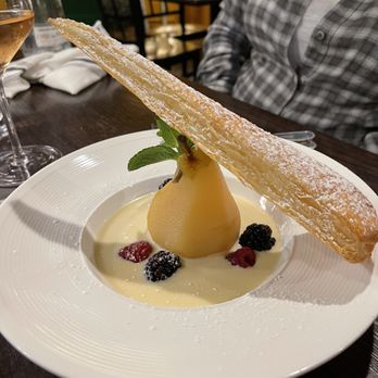 Dueling Spoons - Our poached pear with pastry points dessert. - Salad Near Me - Fall Creek, Oregon Dueling Spoons - Our poached pear with pastry points dessert. - Salad Near Me - Fall Creek, Oregon
