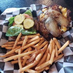 Smash burger and shoestring potato fries. Smash burger and shoestring potato fries.