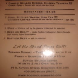 Poor House Bistro - Menu: Beverages $1.95 up (As of 7/23/11) - menu - Cajun/Creole Near Me - San Jose, California