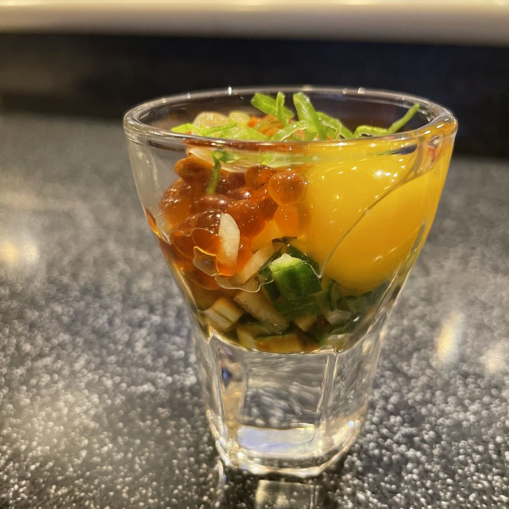 Kazoku - Uni shooter with roe and quail egg - Sushi Bars Near Me - Edmonds, Washington