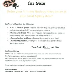 Agway - Chatham - We will be carrying live honey bees this year!