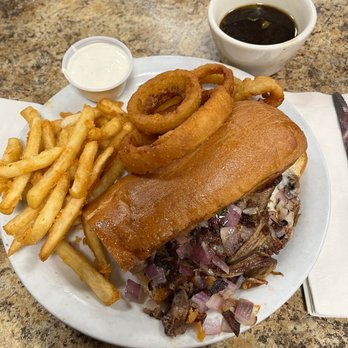 Carolyn's Cafe - French dip sandwich w/fries and onion rings - Breakfast & Brunch Near Me - Redlands, California