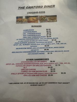 Menu photo 1 The Oakford Diner Richwood, WV