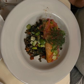 Gather55 - Apple Mustard Glazed salmon, apple lentils. - New American Near Me - Hartford, Connecticut