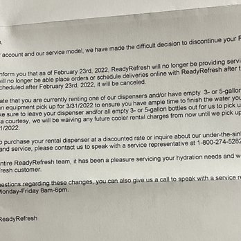 ReadyRefresh - a close up of a letter from a customer - Water Delivery Near Me - Los Angeles, California