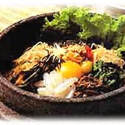 Korea House - Bibimbob (Assorted vege., beef & rice in a sizzling stone bowl)