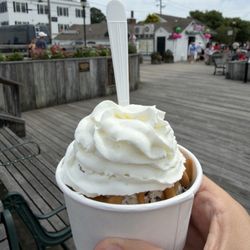 Cookies and cream ice cream, with peanut butter sauce and whipped cream.