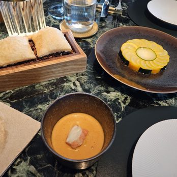 Saga - Tomato soup with crab and corn + zucchini and squash tart over yogurt - New American Near Me - New York, New York Saga - Tomato soup with crab and corn + zucchini and squash tart over yogurt - New American Near Me - New York, New York