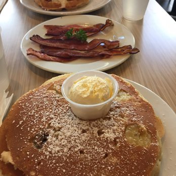 Stacks Pancake House - Mac nut banana pancake, side of bacon, & strawberries and cream waffle - Breakfast & Brunch Near Me - Irvine, California