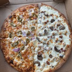 Pizza Express - Thin crust 12" half bbq chicken half chicken bacon Alfredo