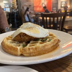 Buffalo Breakfast - Chicken & Waffles - pecan waffle, buttermilk fried chicken, hot honey and scallions