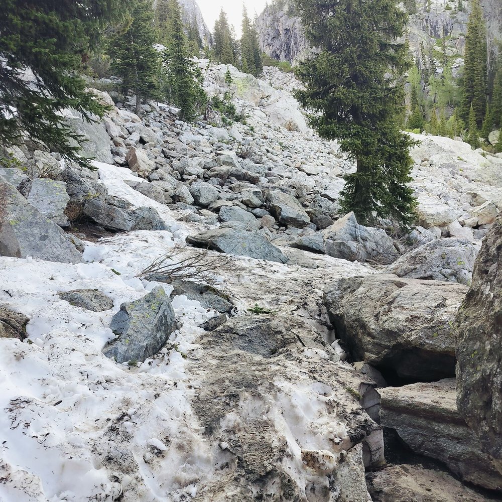 Delta Lake - Trail up to Delta Lake; rough and rocky. Hard snow, but slippery - Lakes Near Me