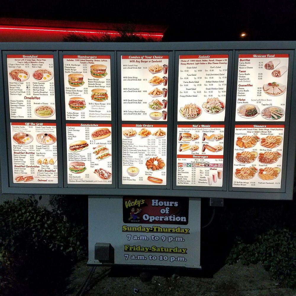 Vicky's Jurupa Valley - Easy to read menu board. Enlarge for better view of variety and prices. - American Near Me - Riverside, California Vicky's Jurupa Valley - Easy to read menu board. Enlarge for better view of variety and prices. - American Near Me - Riverside, California
