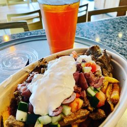 Sababa Mediterranean Grill - French get base, gyro meat and veggies with taziki