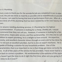 VJ's Plumbing - Customer review