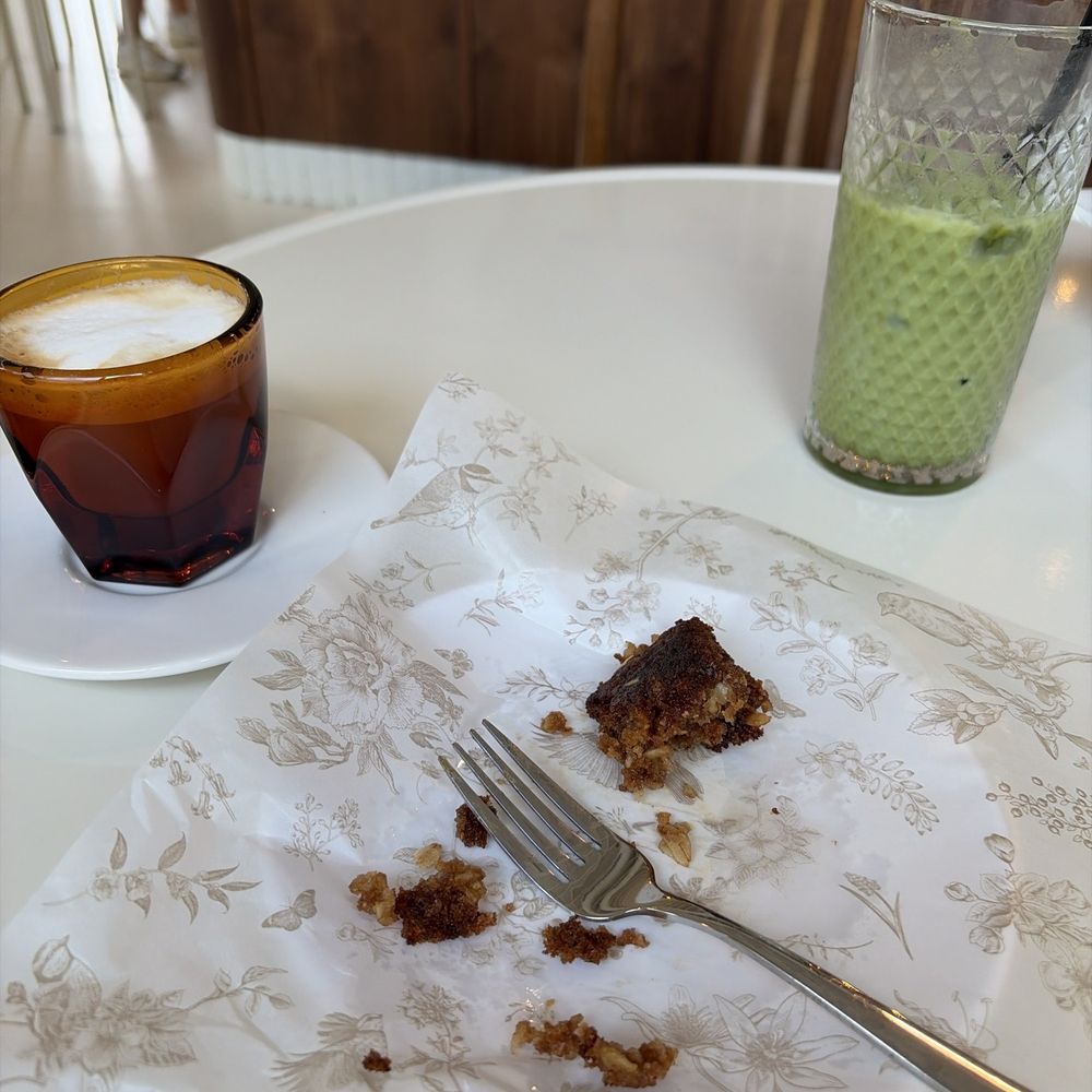 Coffee cake, coconut and banana matcha, cortado Coffee cake, coconut and banana matcha, cortado