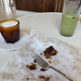 Coffee cake, coconut and banana matcha, cortado Coffee cake, coconut and banana matcha, cortado
