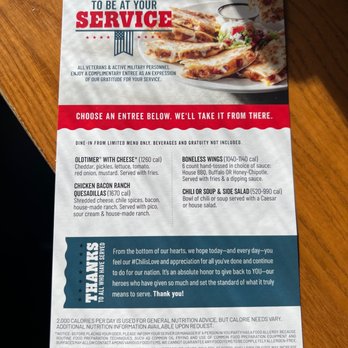 Chili's - Yupp!! Awesome veteran day this package! Can I get the chicken bacon ranch yes please - American Near Me - Kapolei, Hawaii Chili's - Yupp!! Awesome veteran day this package! Can I get the chicken bacon ranch yes please - American Near Me - Kapolei, Hawaii