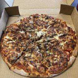 Lazaro's Pizza - 3 topping thin crust with beef, mushrooms and onions.
