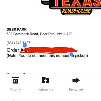 Texas Roadhouse - A thief's order made by logging in to my acct & accessing my saved payment info. Mgmt told me to take it up with my CC co. - American Near Me - Deer Park, New York Texas Roadhouse - A thief's order made by logging in to my acct & accessing my saved payment info. Mgmt told me to take it up with my CC co. - American Near Me - Deer Park, New York