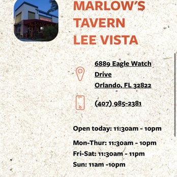 Marlow's Tavern - Restaurant was closed an hour before the Sunday closing time marked on their website. - New American Near Me - Orlando, Florida Marlow's Tavern - Restaurant was closed an hour before the Sunday closing time marked on their website. - New American Near Me - Orlando, Florida