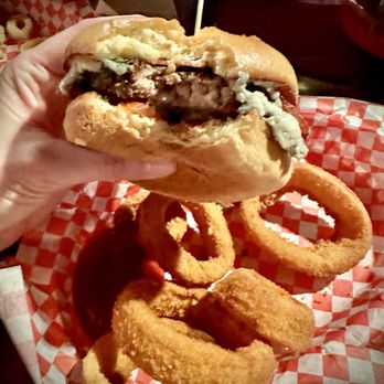 Fanny Ann's Saloon - Singin' The Bleus Burger (no lettuce) sub onion rings - American Near Me - Sacramento, California