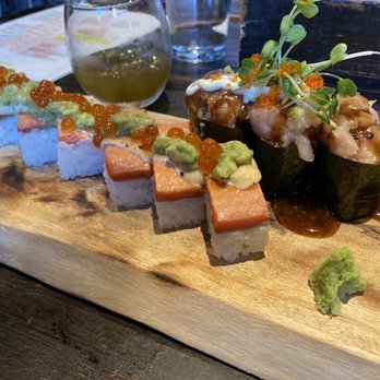 Kingyo - Pressed mackerel sushi and Kingyo roll (might be the wrong menu name) - Japanese Near Me - Vancouver, British Columbia Kingyo - Pressed mackerel sushi and Kingyo roll (might be the wrong menu name) - Japanese Near Me - Vancouver, British Columbia