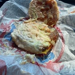 Was supposed to be a Jr. bacon cheeseburger with no cheese and only ketchup and tomato...  Terrible presentation